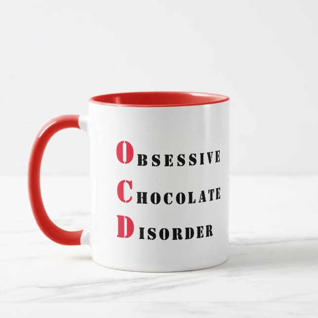 OCD - Rote und schwarze obsessive Schokoladenerkra Tasse (Links)