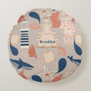 Ocean Adventure - Wale, Quallen & Lighthouse Spaß Rundes Kissen