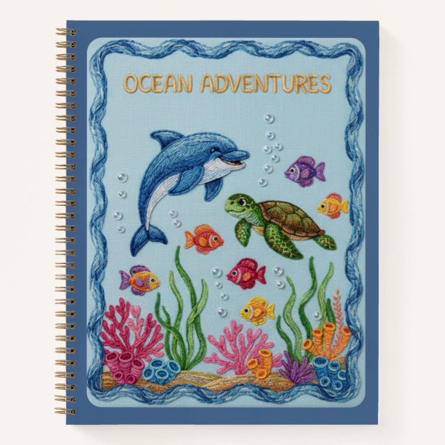Ocean Adventures Embroidered Dolphin & Turtle Notizbuch (Vorderseite)
