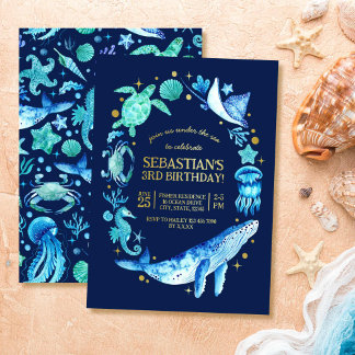 Ocean Animals Blue Watercolor 3. Geburtstag Folieneinladung