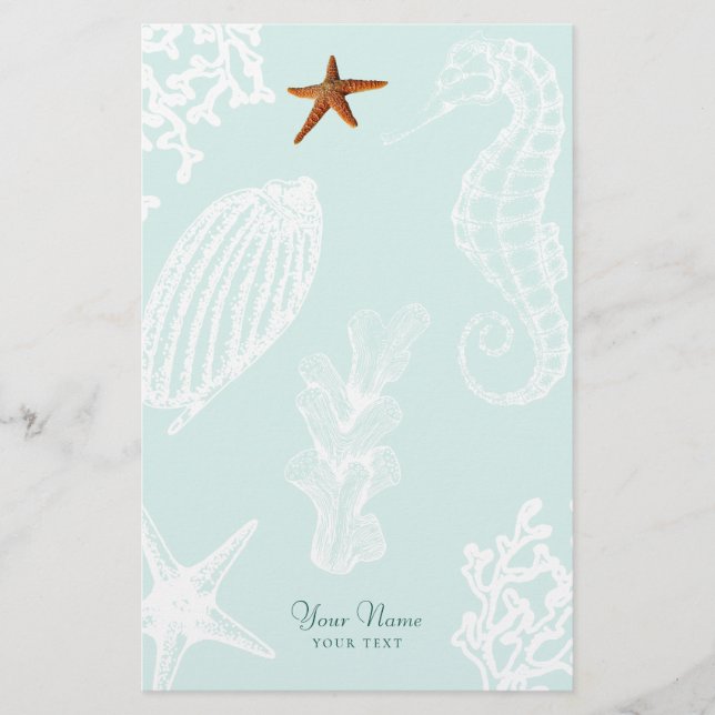 Ocean Aqua Seashell Muster Name personalisiert Briefpapier (Vorderseite)