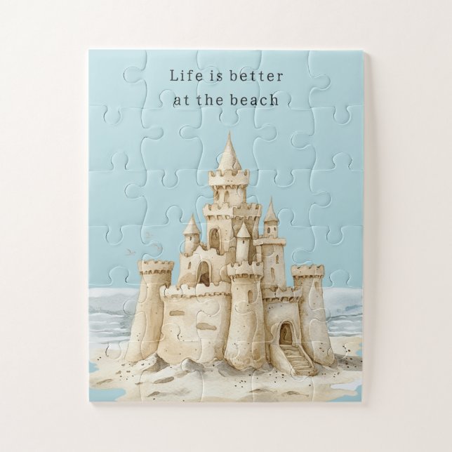 Ocean Beach Birds Blue Sky Cream Sand Castle Puzzle (Vertikal)
