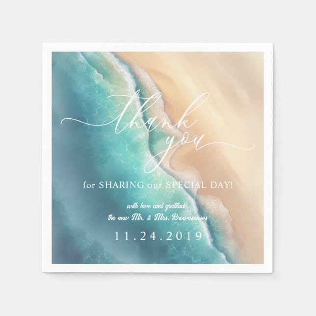 Ocean Beach Blue Watercolor Vielen Dank Serviette (Vorderseite)