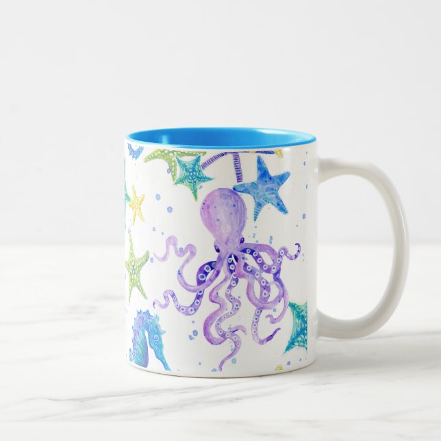Ocean Beach Coastal Shore Octopus Seepferd Dekorat Zweifarbige Tasse (Rechts)