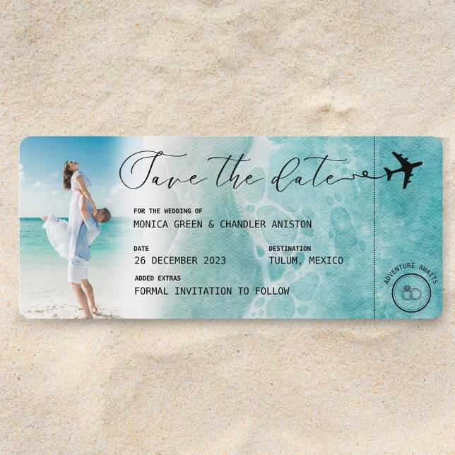 Ocean Beach Foto Boarding Pass Save The Date (Save the Date Boarding Pass Ocean Beach)