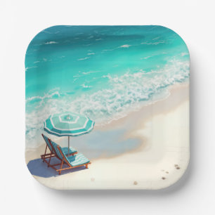 Ocean Beach mit Chaise Lounge und Regenschirm Pappteller