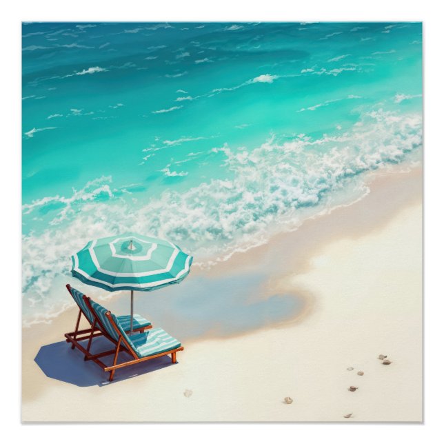 Ocean Beach mit Chaise Lounge und Regenschirm Poster (Vorderseite)