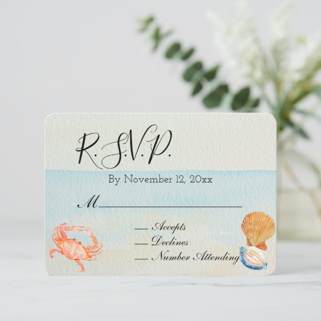 Ocean Beach Muscheln Hochzeit RSVP Begleitkarte (Stehend Vorderseite)