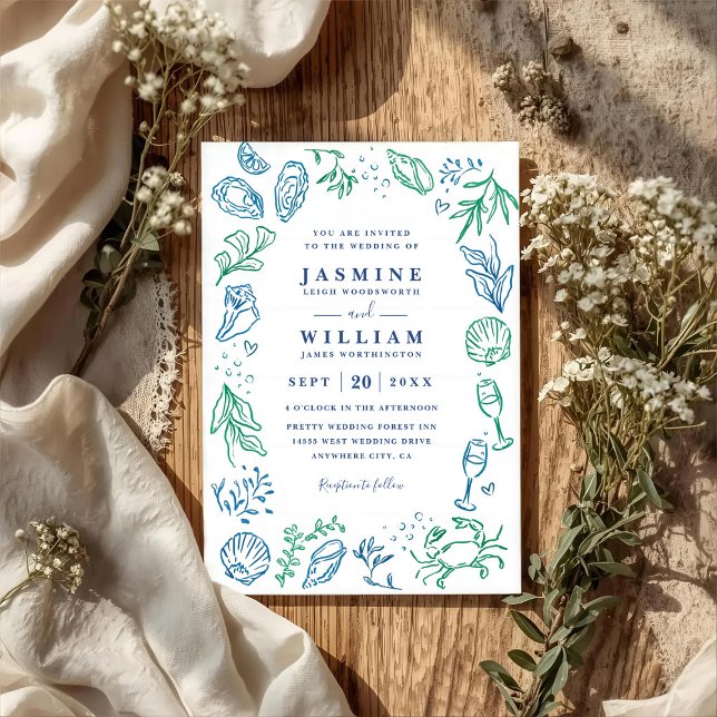 Ocean Beach Nautical Shell Elegant QR Code Wedding Einladung (Von Creator hochgeladen)