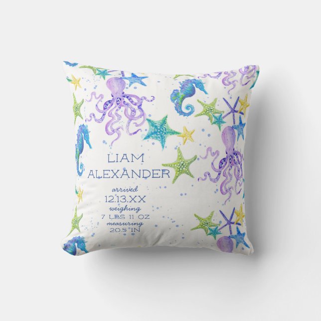 Ocean Beach Octopus Seepferd Boy Baby Birth Stat Kissen (Vorderseite)