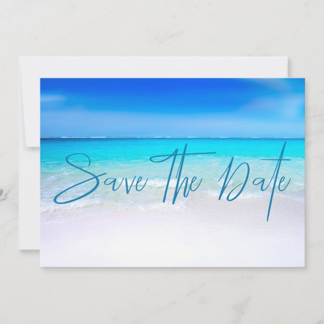Ocean Beach Sand Destination Blue Modern Save The Date (Vorderseite)