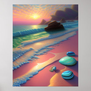 Ocean Beach Scene Seashells Fantasy Art Poster