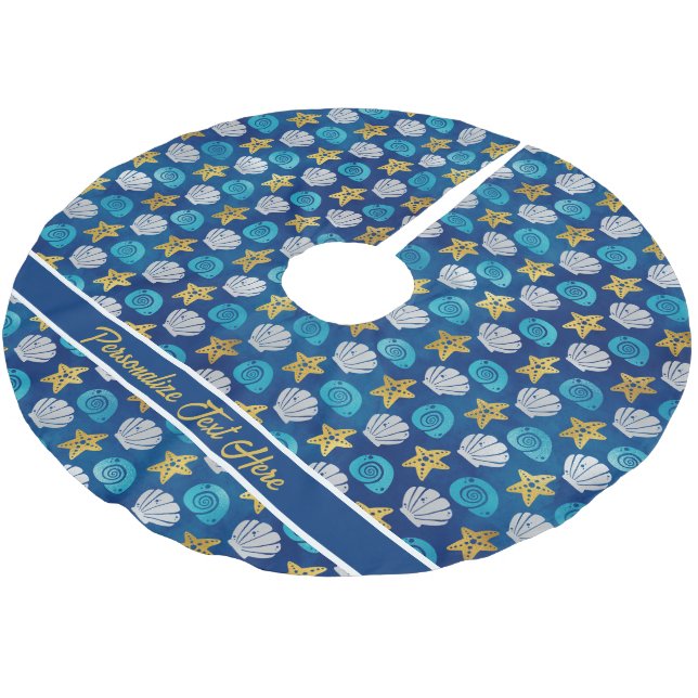 Ocean Beach Seashells Starfish Navy Blue Christmas Polyester Weihnachtsbaumdecke (Schrägansicht)