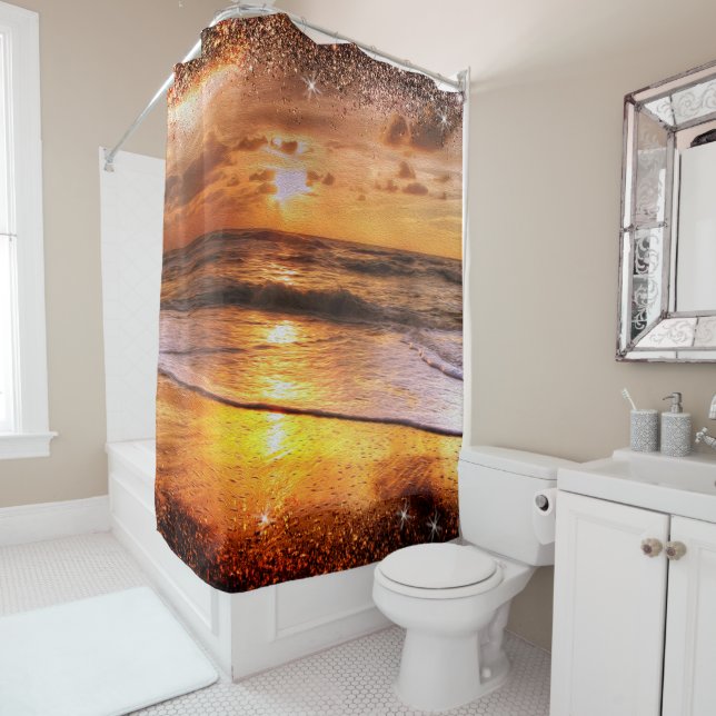 Ocean Beach Sunset Gold Sun Glitzer Border Duschvorhang (Beispiel)