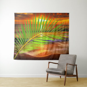 Ocean Beach & Sunset mit Palm Leaf - Modernes Meer Wandteppich