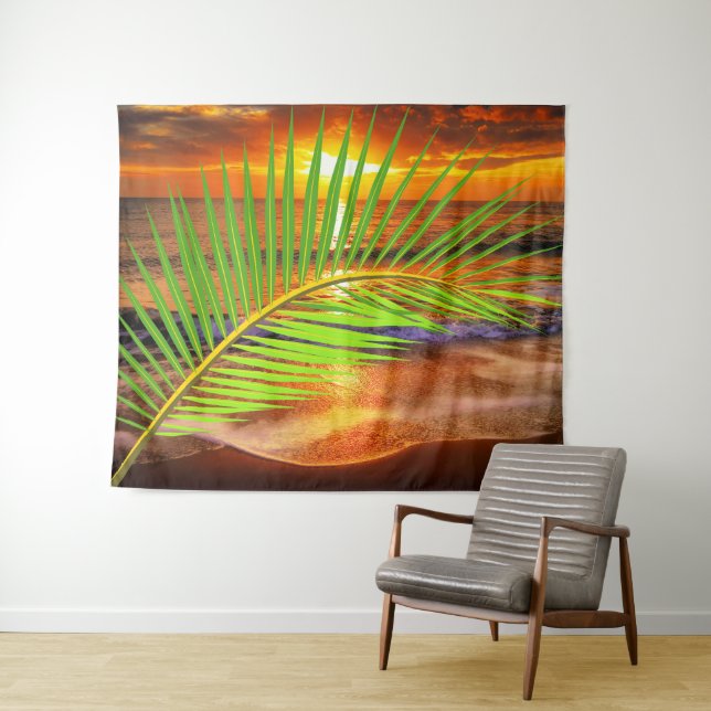 Ocean Beach & Sunset mit Palm Leaf - Modernes Meer Wandteppich (Beispiel (Horizontal))