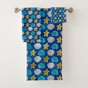 Ocean Beach Theme Seashells Starfish Gold Blue Bat Badhandtuch Set