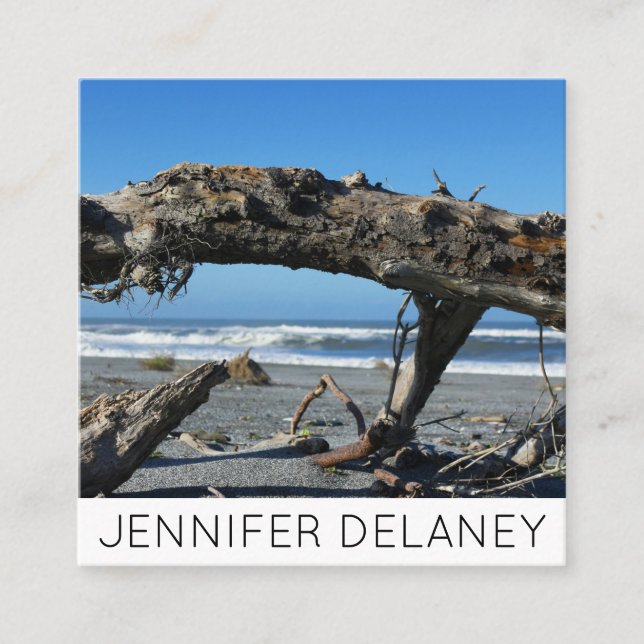 Ocean Beach Waves Driftwood Nature Foto Travel Quadratische Visitenkarte (Vorderseite)