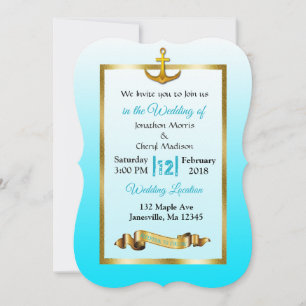 Ocean Blue Anchor Gold Hochzeit Einladung