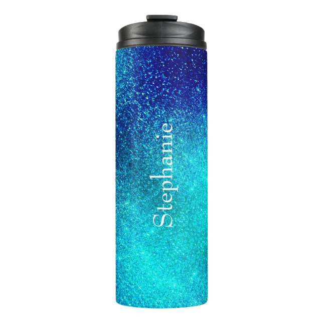 Ocean Blue Aquamarin Glittery Ombre Individuelle N Thermosbecher (Vorderseite)