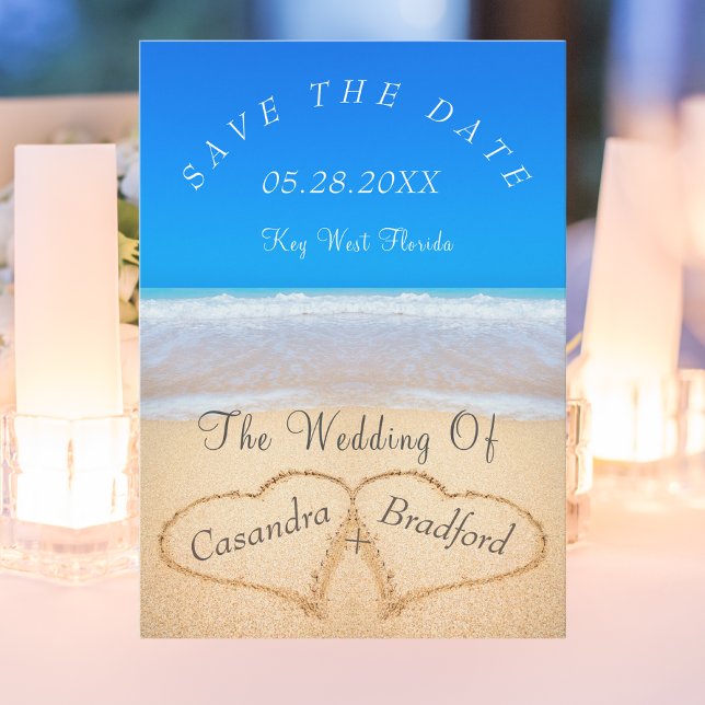 Ocean Blue Beach Hochzeit 2 Herzen im Sand Einladung (Von Creator hochgeladen)