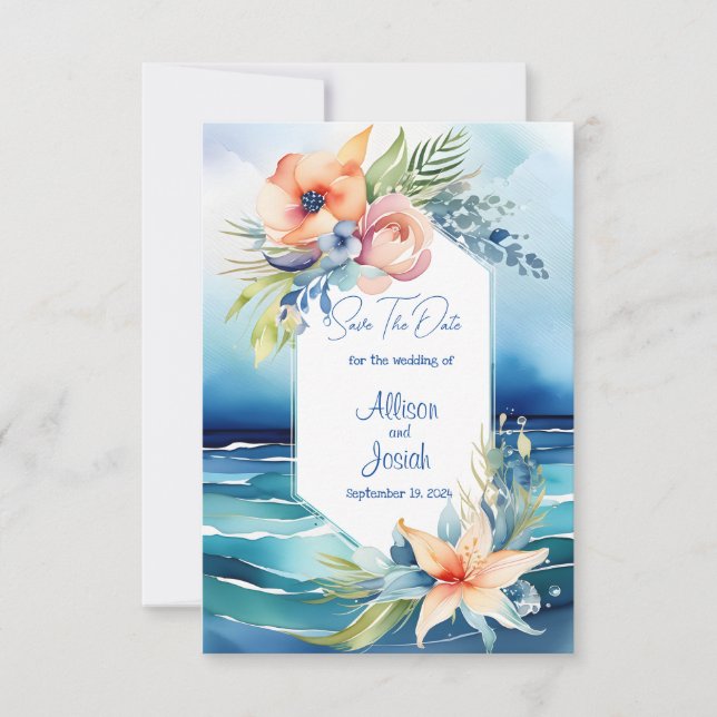 Ocean Blue Blooms: Beach Wedding Save the Date (Vorderseite)