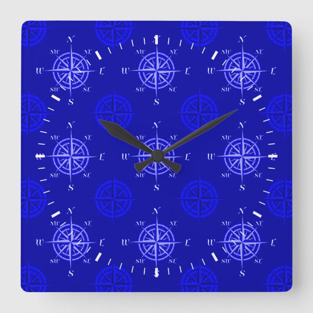 Ocean Blue Compass Rose Quadratische Wanduhr (Vorderseite)