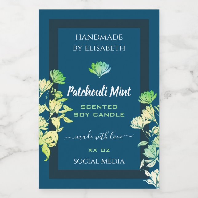 Ocean Blue Floral Product Packaging Labels Gold Lebensmitteletikett (Einzelnes Label)