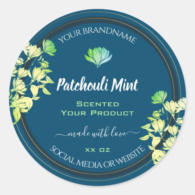 Ocean Blue Floral Product Packaging Labels Gold Runder Aufkleber (Vorderseite)