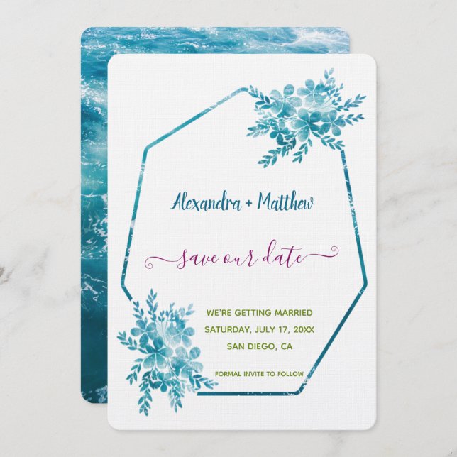 Ocean Blue Floral Save the Date (Vorne/Hinten)
