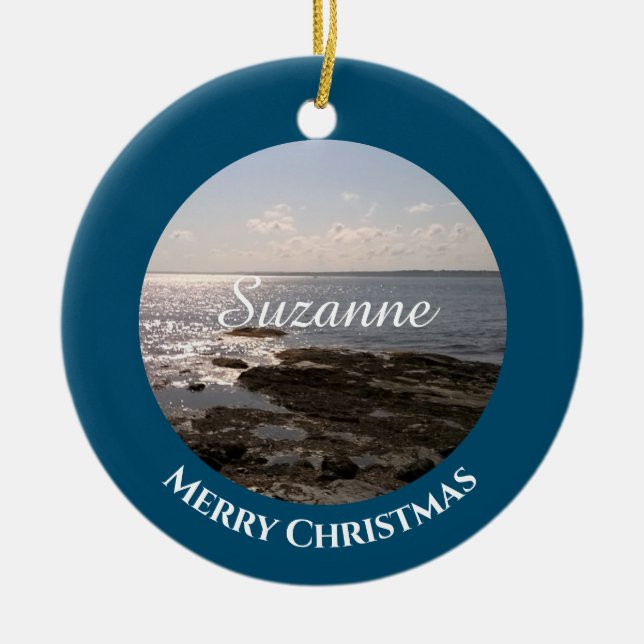 Ocean Blue Foto des Meeres Add Name Weihnachten Keramik Ornament (Vorne)