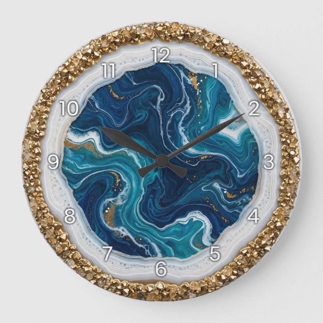 Ocean Blue Geode Epoxy Wall Clock Große Wanduhr (Vorderseite)