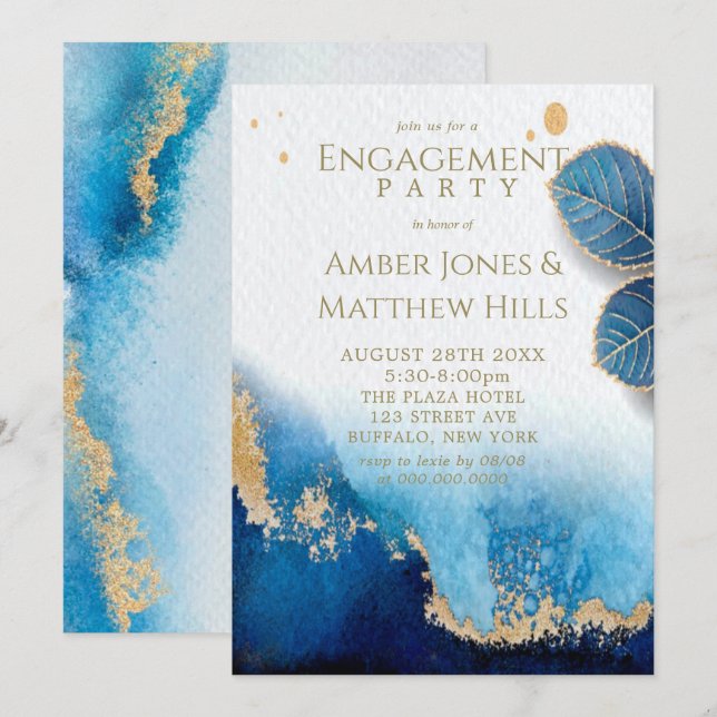Ocean Blue Gold Agate Engagement Party Einladung (Vorne/Hinten)