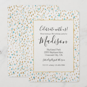 Ocean Blue Gold Confetti Dots Wasserfarbe Geburtst Einladung