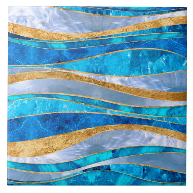 Ocean Blue Gold Metallic Wavy Abstrakt Fliese (Vorderseite)