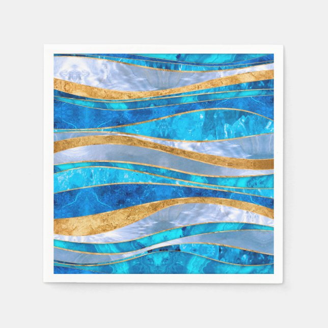 Ocean Blue Gold Metallic Wavy Abstrakt Serviette (Vorderseite)