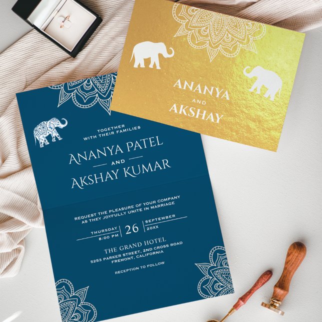 Ocean Blue Henna Elephant Indian Wedding Gold Folienkarte (Von Creator hochgeladen)
