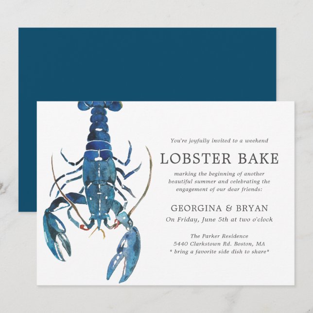 Ocean Blue Lobster Bake Verlobung Abendessen Einladung (Vorne/Hinten)