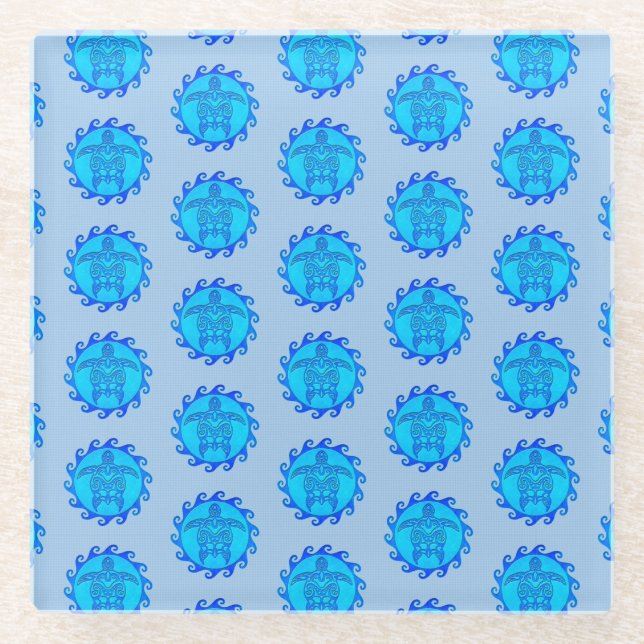 Ocean Blue Maori Sun Tribal Turtles Glasuntersetzer (Vorderseite)