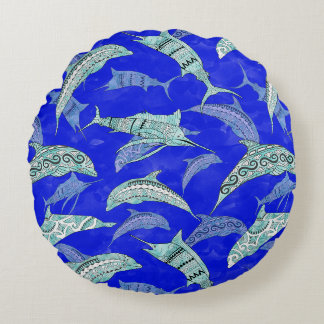 Ocean Blue Marine Animals Dolphins Marlins Rundes Kissen
