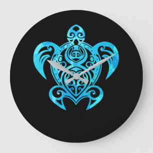 Ocean Blue Tribal Hawaiian Sea Turtle Große Wanduhr