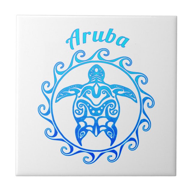 Ocean Blue Tribal Turtle Aruba Fliese (Vorderseite)