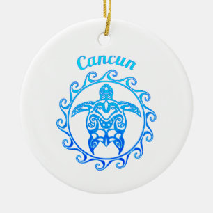 Ocean Blue Tribal Turtle Cancun Keramik Ornament