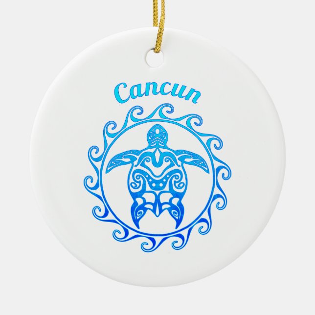 Ocean Blue Tribal Turtle Cancun Keramik Ornament (Vorne)