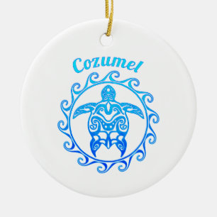 Ocean Blue Tribal Turtle Cozumel Keramik Ornament