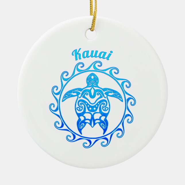 Ocean Blue Tribal Turtle Kauai Keramik Ornament (Vorne)