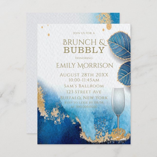 Ocean Blue und Gold Agate Brunch und Bubbly Einladung (Vorne/Hinten)