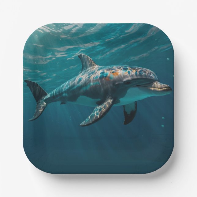Ocean Blue Underwater Dolphin Portrait Pappteller (Vorderseite)