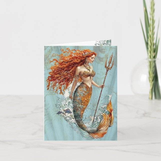 Ocean Blue Vintage Mermaid Folded Note Card (Vorderseite)