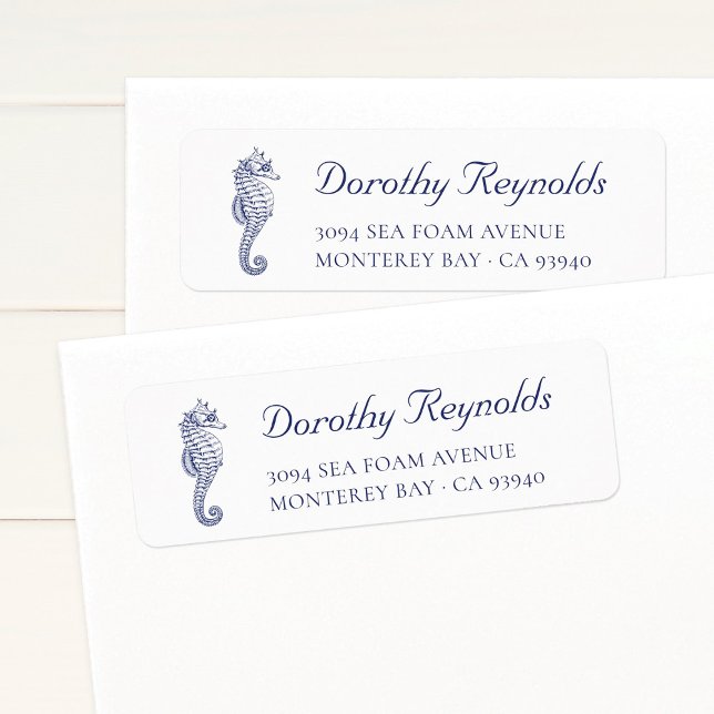 Ocean Blue Vintages Seepferd. Rücksendeadresse (Elegant, vintage seahorse return address label template in ocean blue. Coastal return address label.)